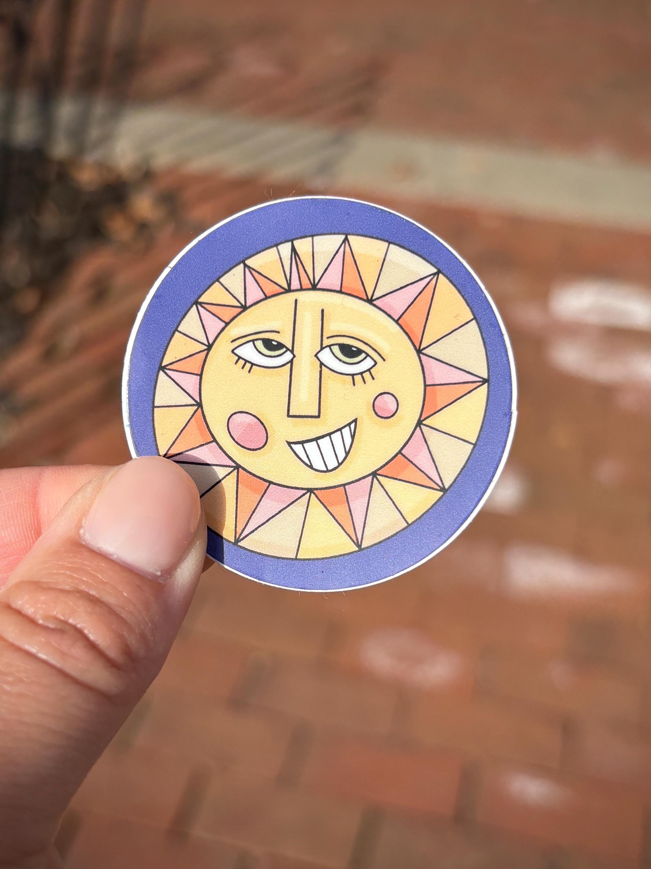 Smiling Sun Sticker: Muted Colors, Waterproof Vinyl Decal