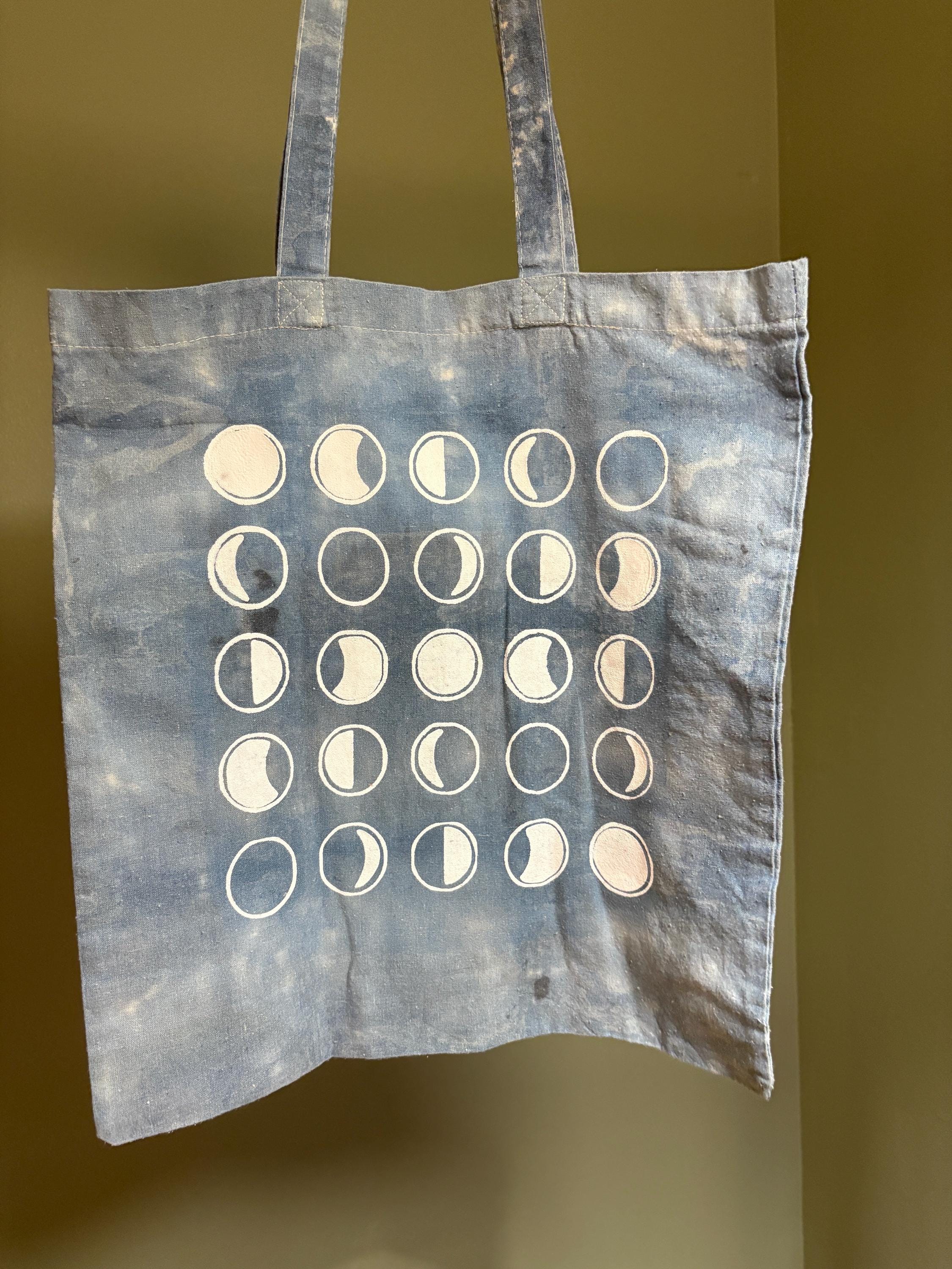 Moon Phase Tote.  Hand-dyed with indigo and  a synthetic dye wash.