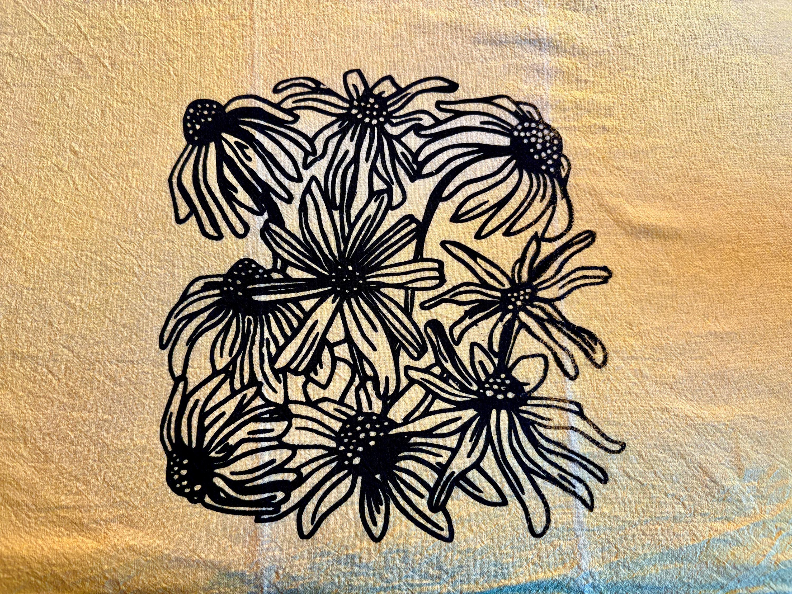 Coneflowers and Black-Eyed Susan Tea Towel- dyed yellow with Marigolds