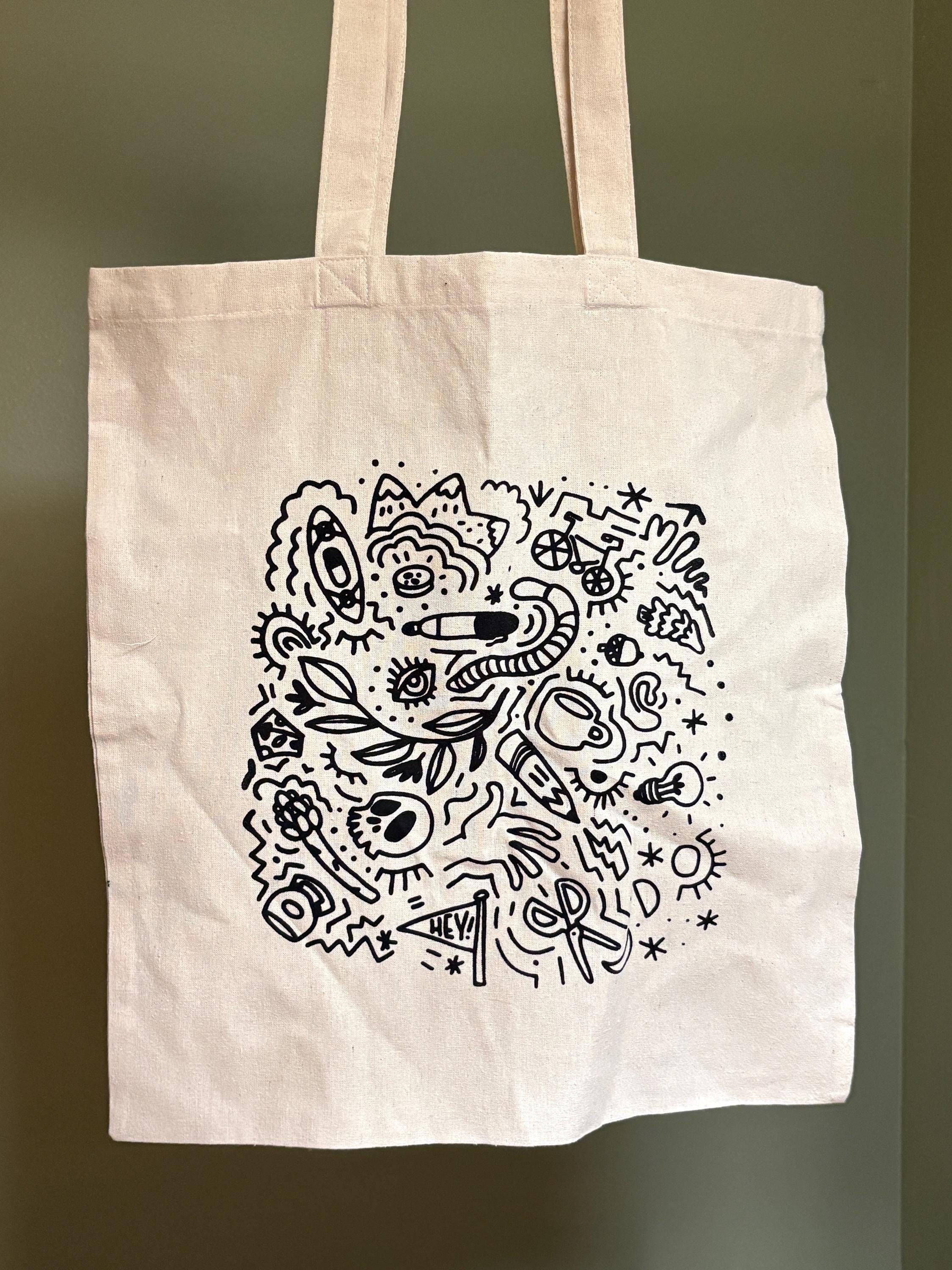 Doodle Tote Bag, Hand Screen Printed Recycled Cotton