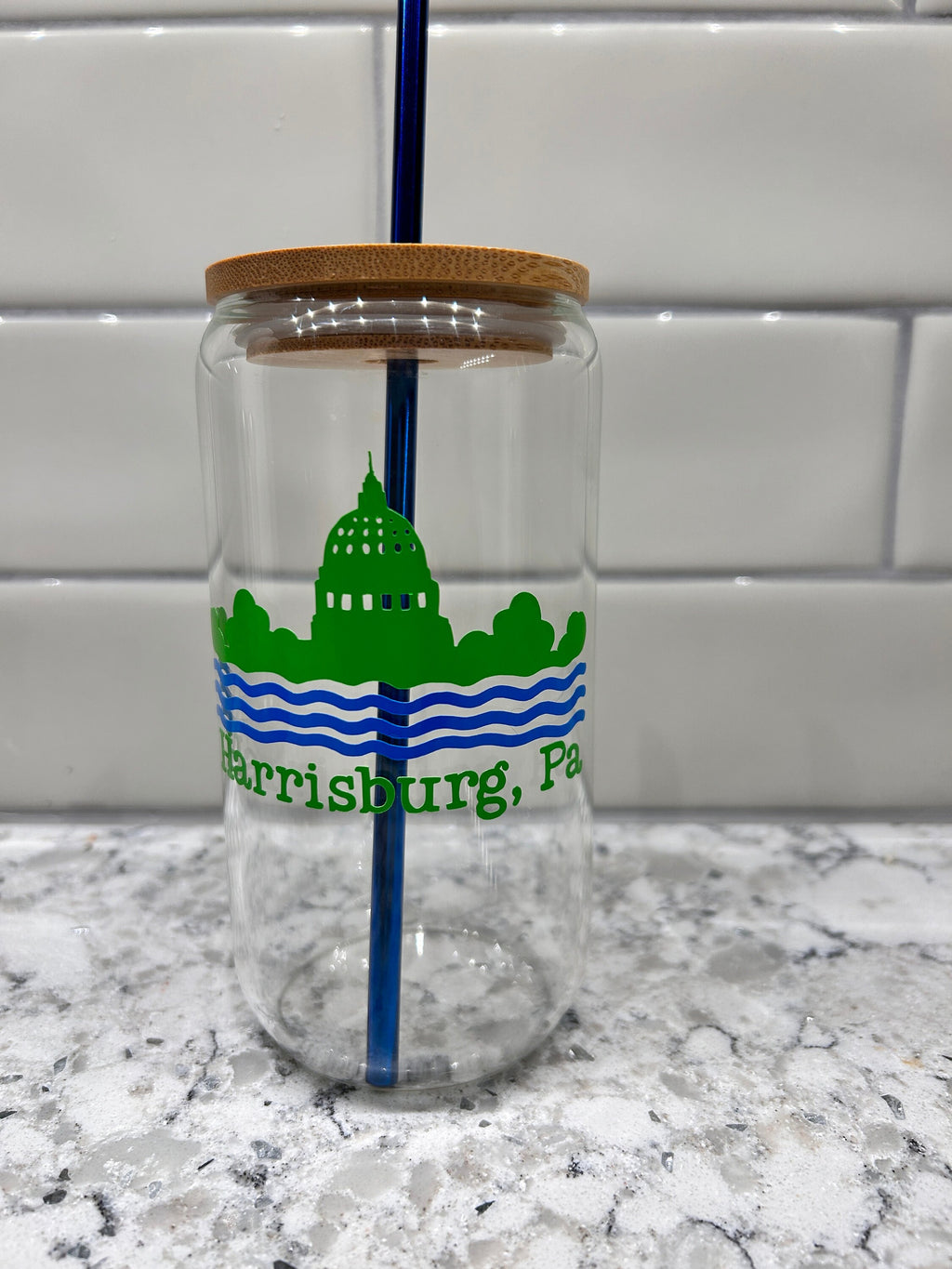 Harrisburg, Pa Glass Can with Bamboo Lid & Blue Metal Straw