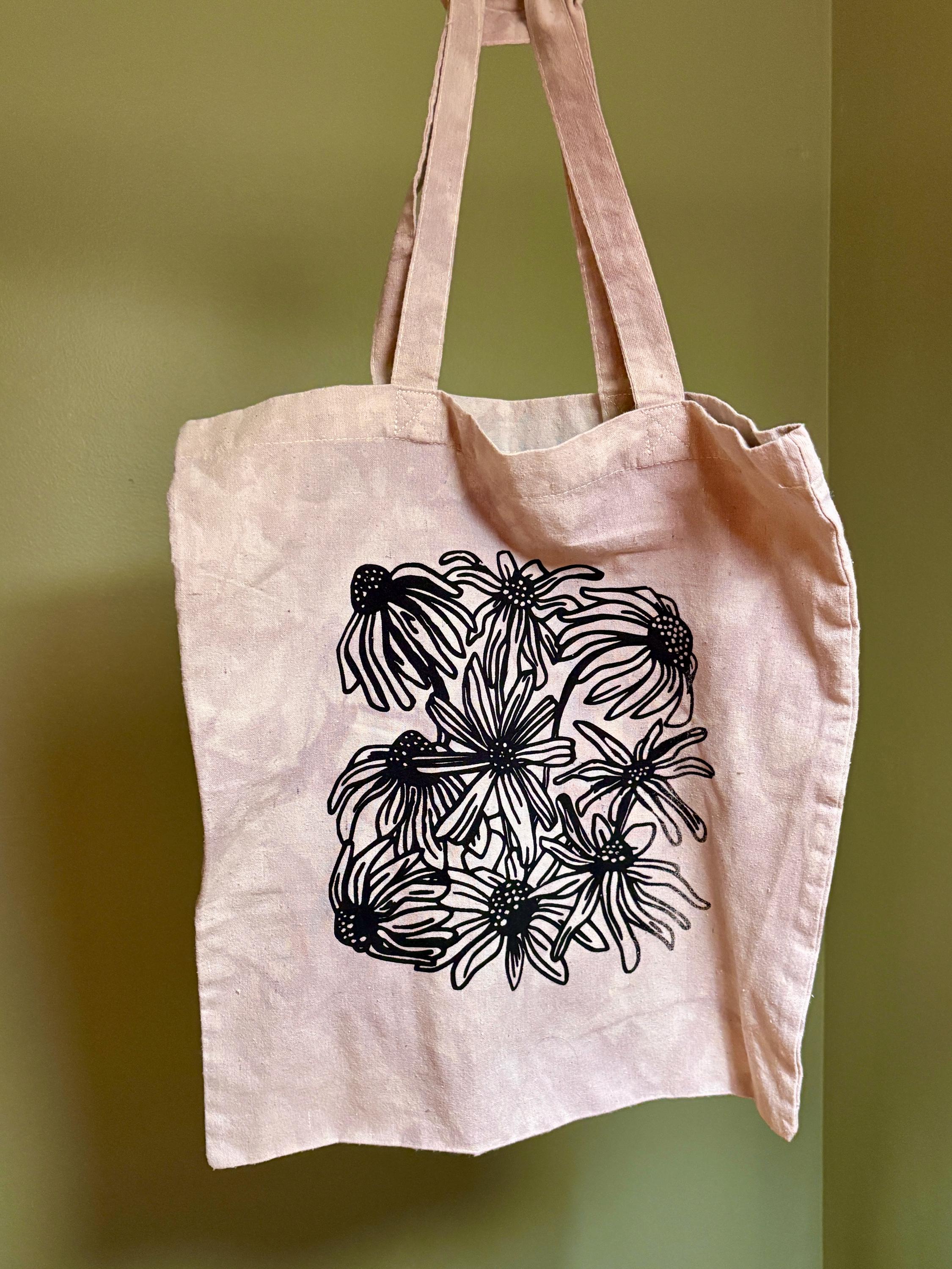Coneflower and Rudbeckia Tote.  Hand-dyed with Marigolds, Iron Water, and a synthetic dye wash.