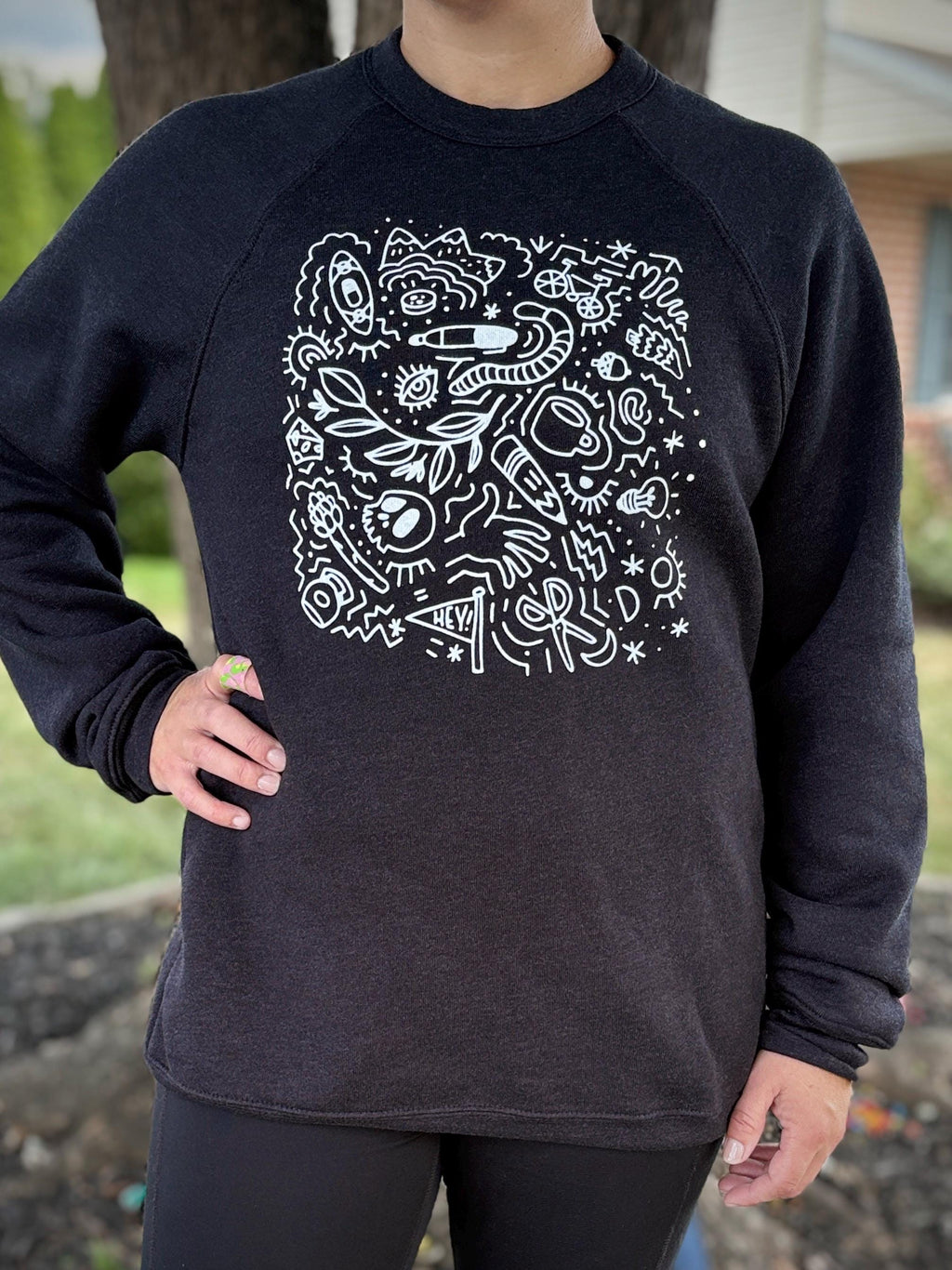 Doodle Sweatshirt, Hand Screen-Printed Heather Black Crewneck