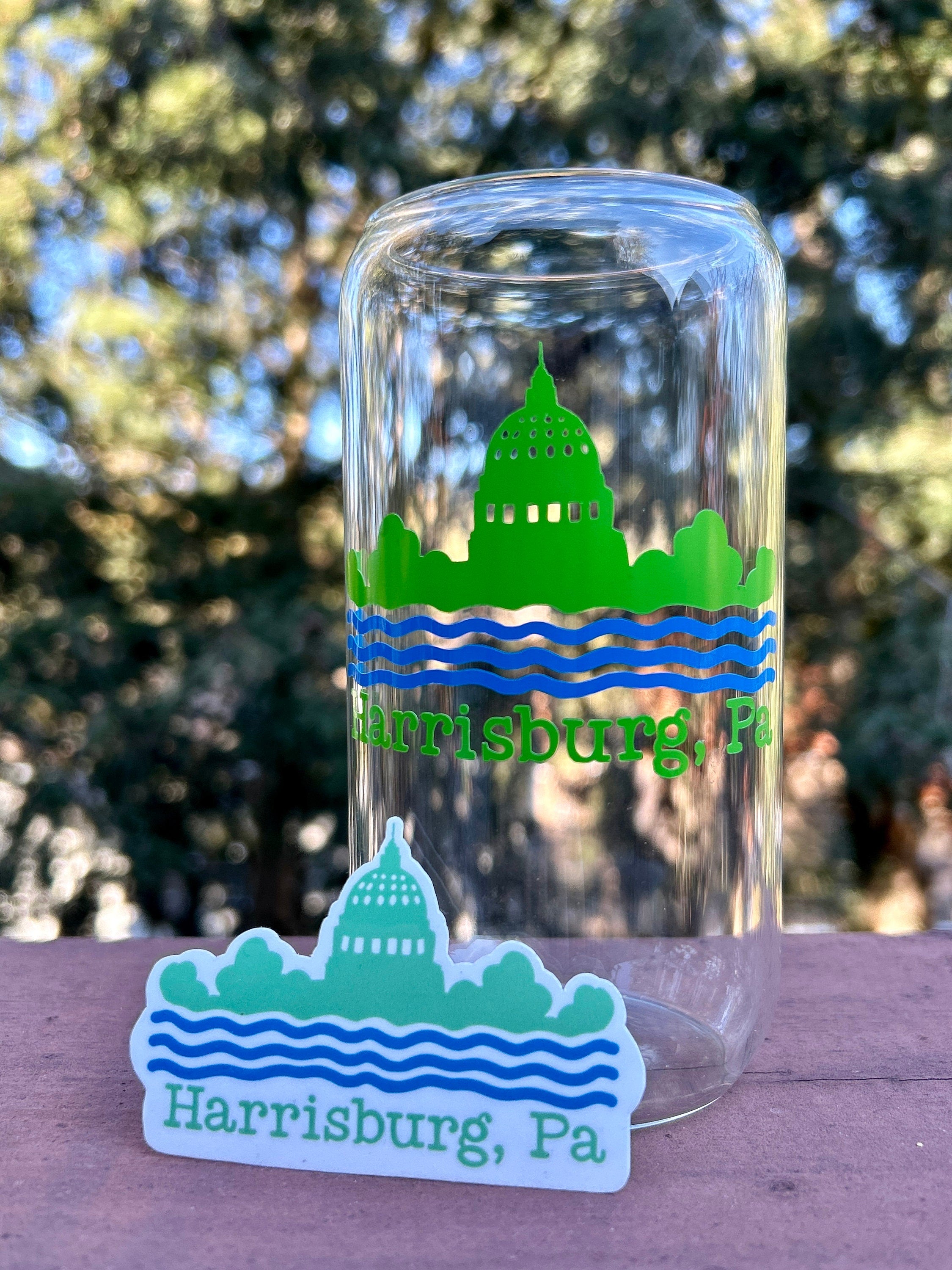 Harrisburg, Pa Glass Can with Bamboo Lid & Blue Metal Straw