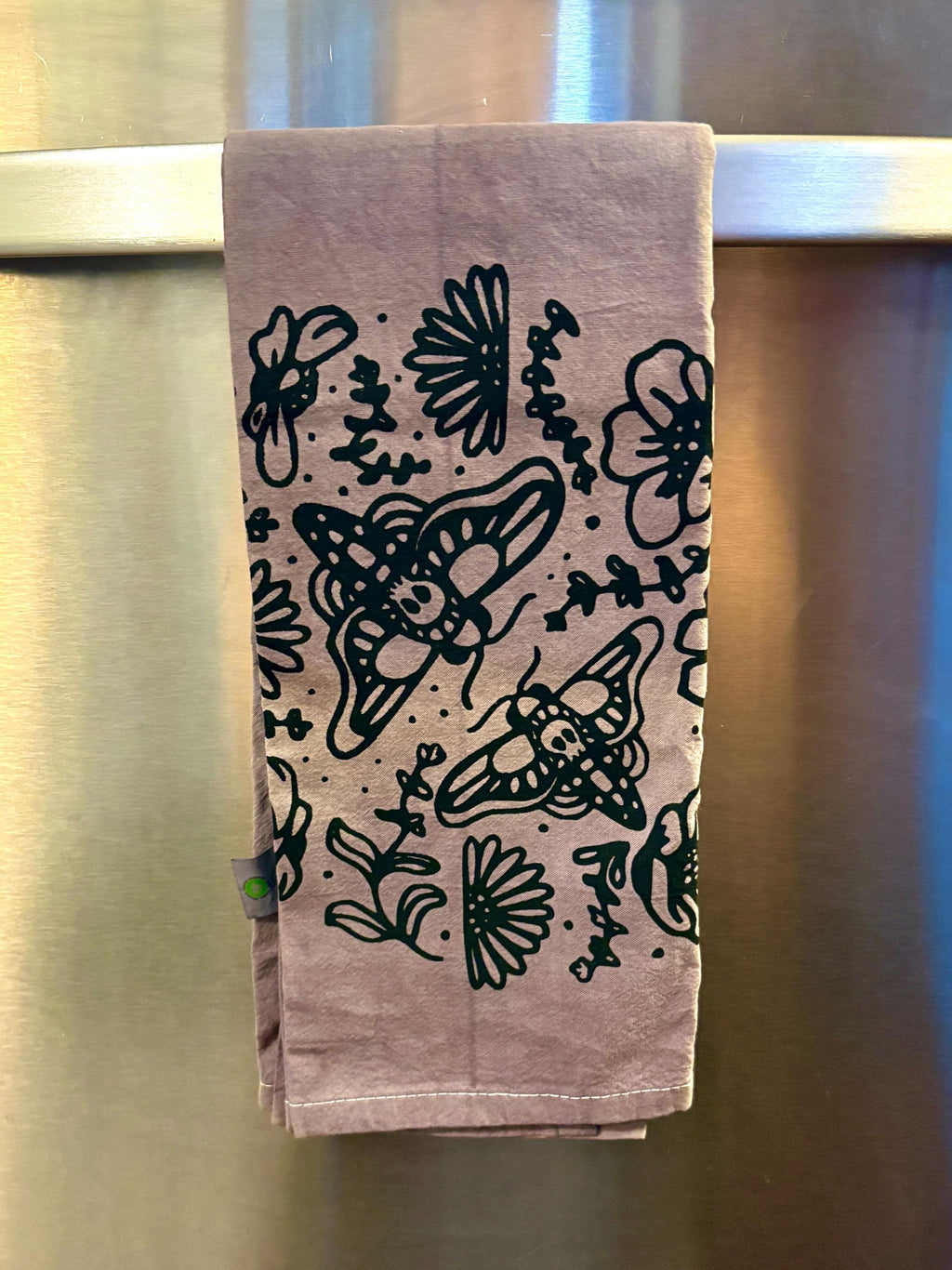 Moon Garden Tea Towel, dyed purple with Marigolds and sythetic dye.