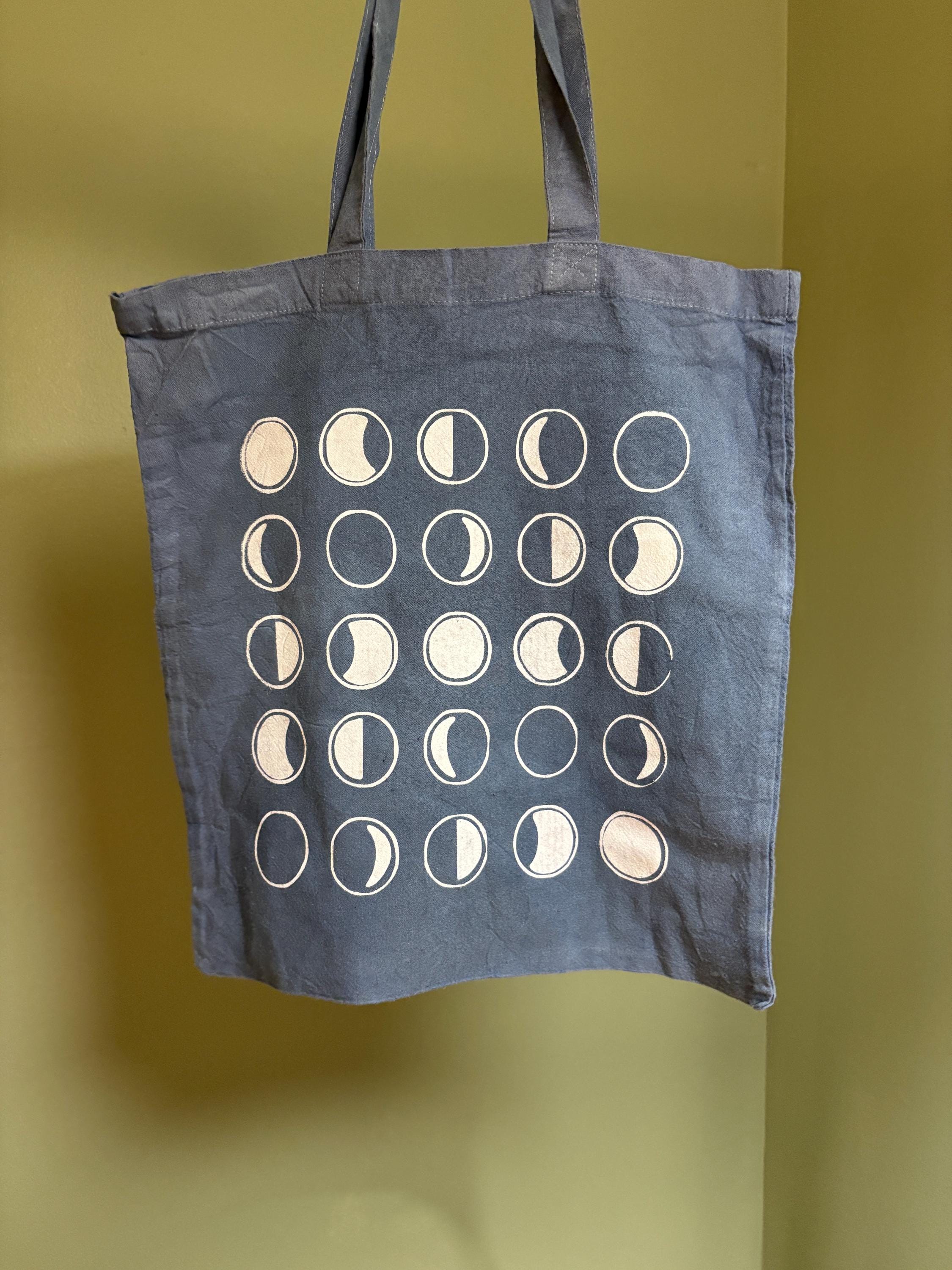 Moon Phase Tote.  Hand-dyed with indigo and  a synthetic dye wash.
