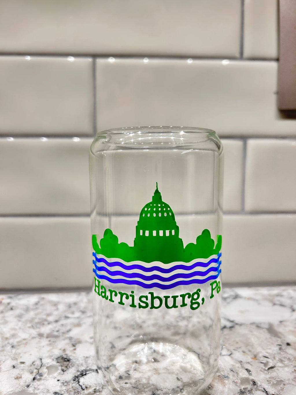 Harrisburg, Pa Glass Can with Bamboo Lid & Blue Metal Straw