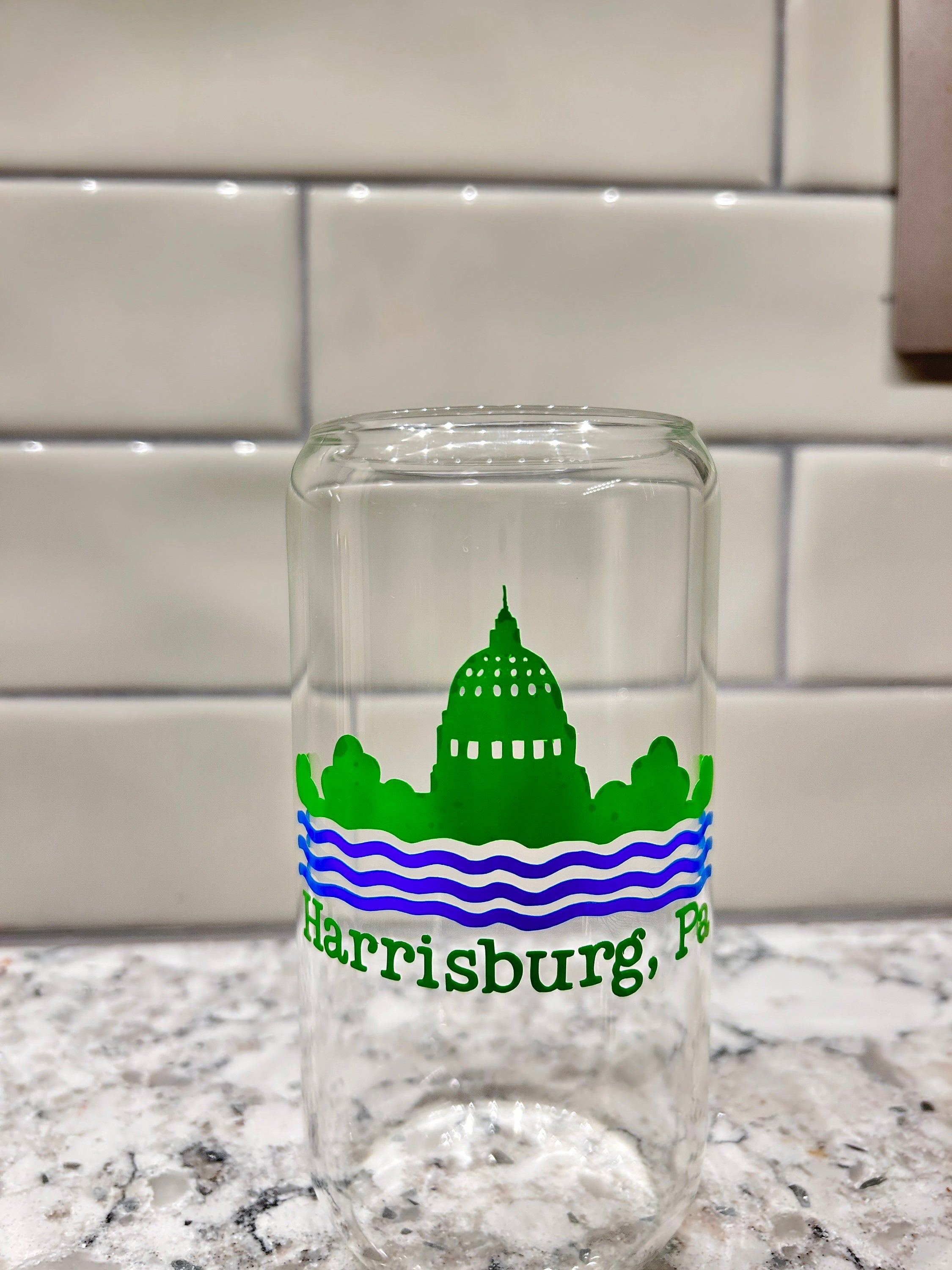 Harrisburg, Pa Glass Can with Bamboo Lid & Blue Metal Straw